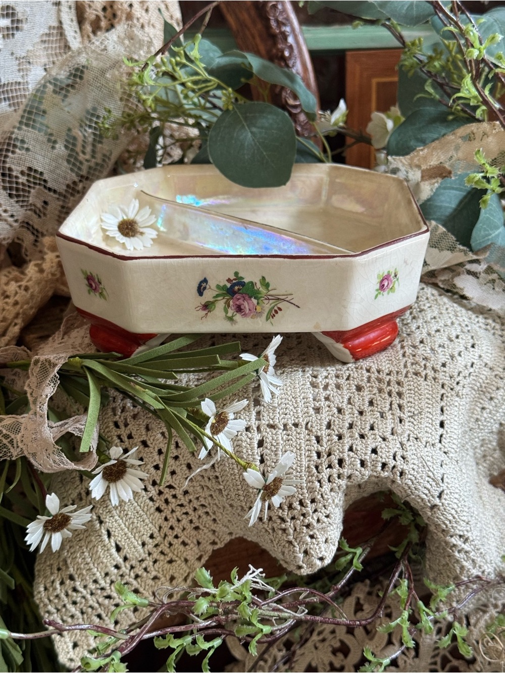 Vintage Cream Floral Footed Trinket Dish with Red Feet